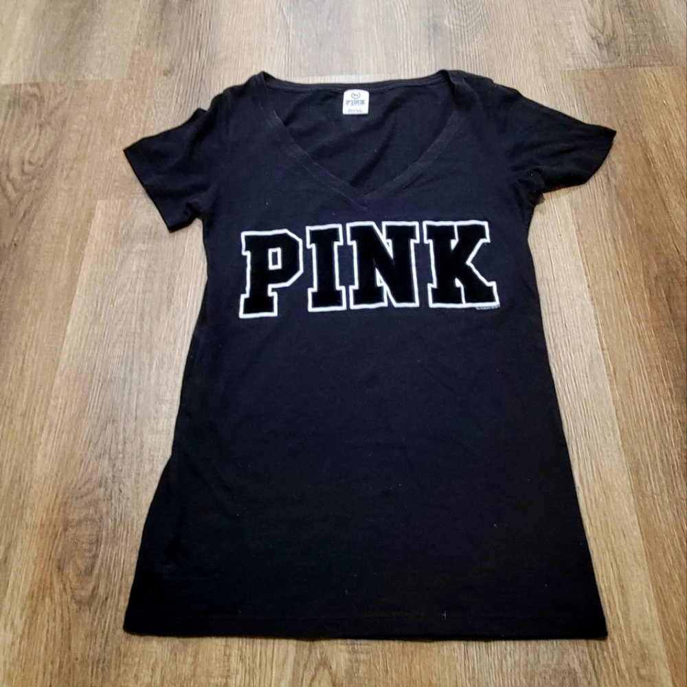 Victoria's Secret PINK logo V Neck Black Tee with Velvet Lettering, XS